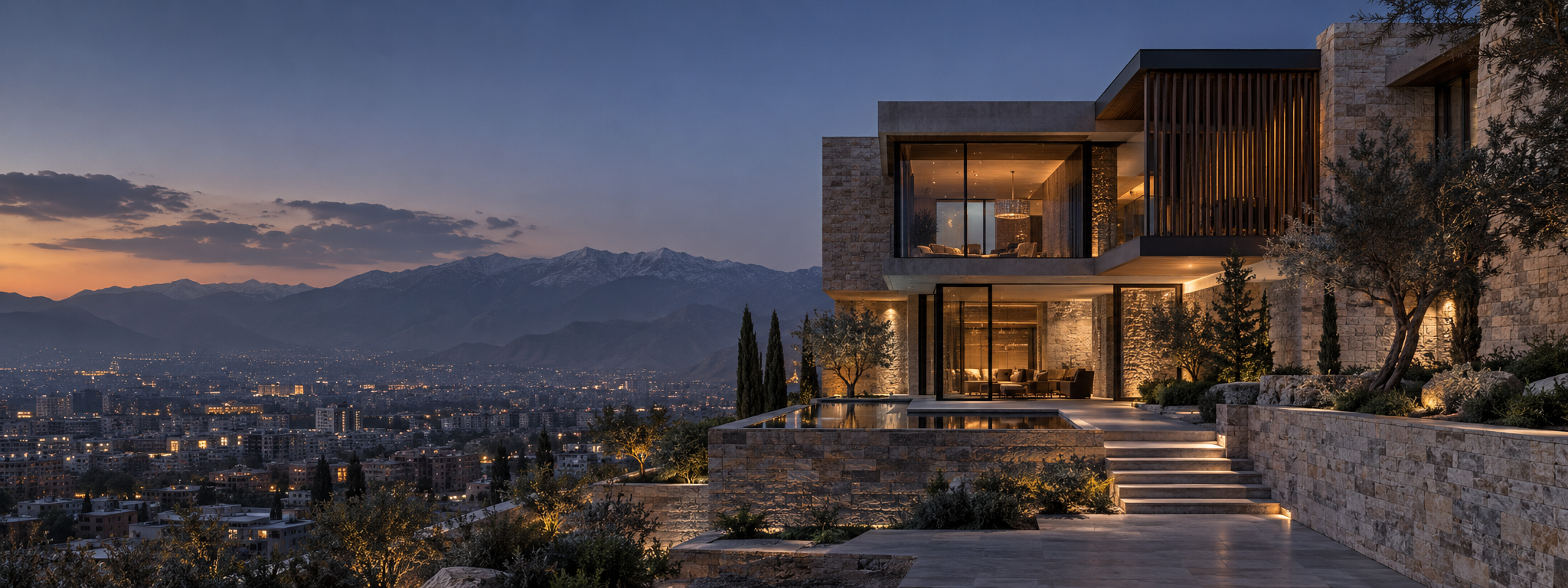 Concept residence overlooking a mountain city at dusk / طرح مفهومی اقامتگاه با چشم‌انداز شهری کوهستانی
