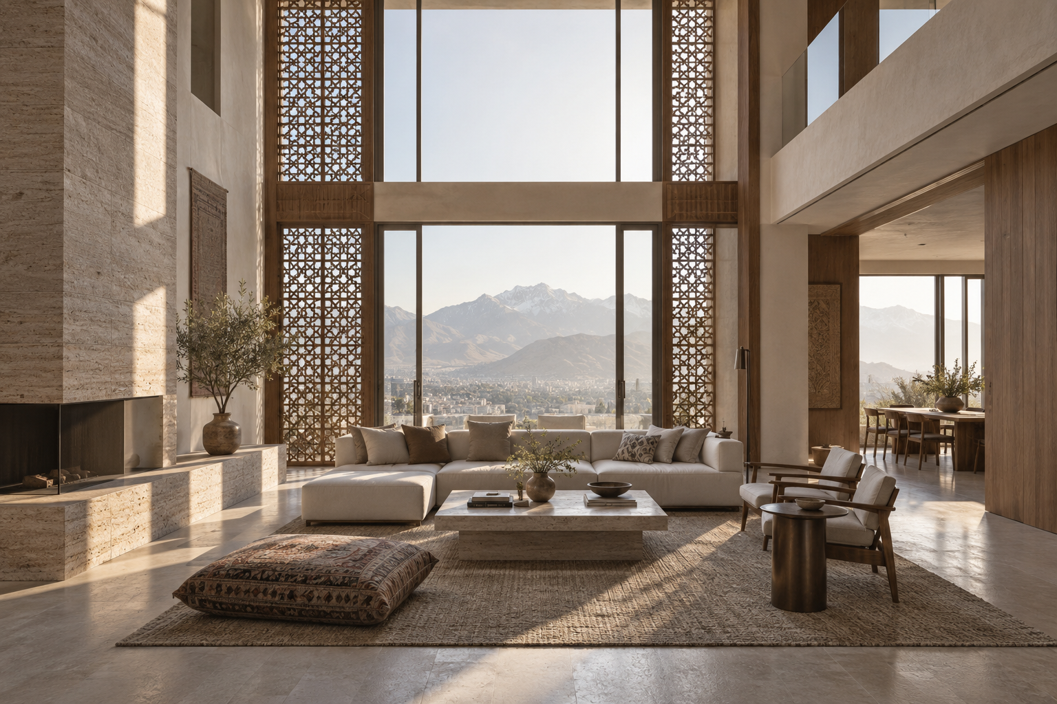 AI interior concept with timber screens and mountain views / طرح مفهومی فضای داخلی با مشبک‌های چوبی و چشم‌انداز کوهستان
