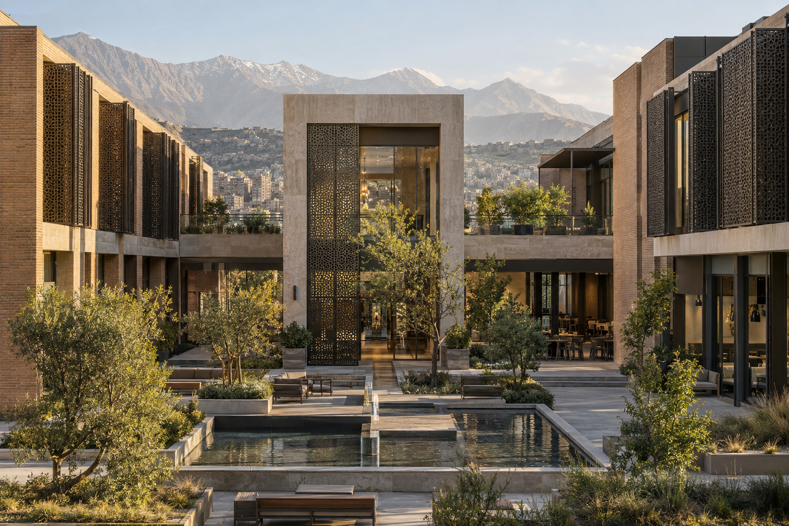 AI courtyard concept with geometric screens / طرح مفهومی حیاط با صفحات مشبک هندسی